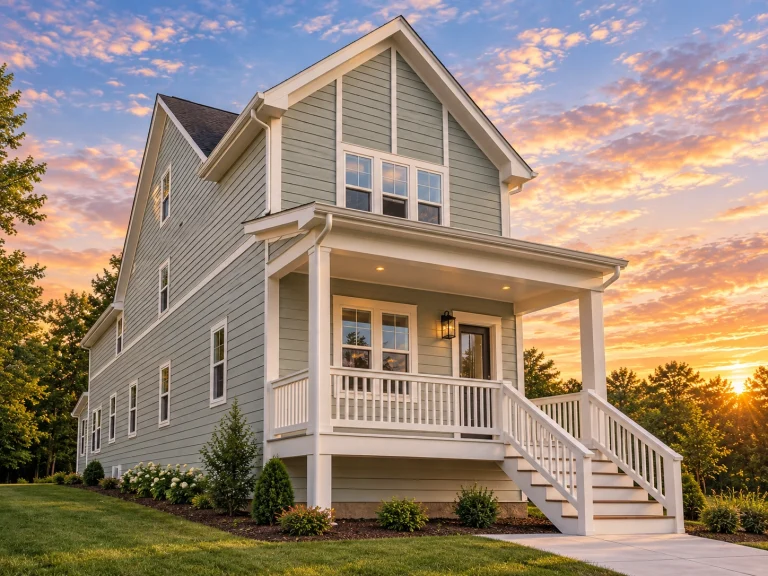 Front angle view of a Modern Farmhouse style home featuring horizontal lap siding, gable rooflines, and a welcoming covered porch entry.