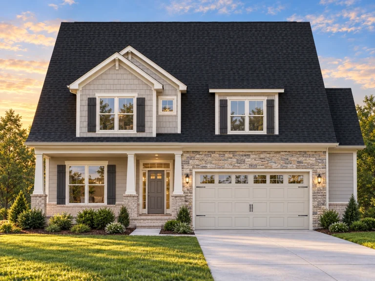 Front view of a Modern Farmhouse style home featuring board and batten siding, stone base, black windows, and dark roof with attached two-car garage