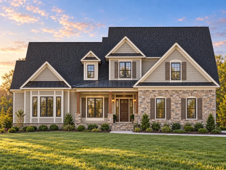 Front elevation of a Traditional Transitional home featuring stone veneer and horizontal siding with dormers and gable rooflines