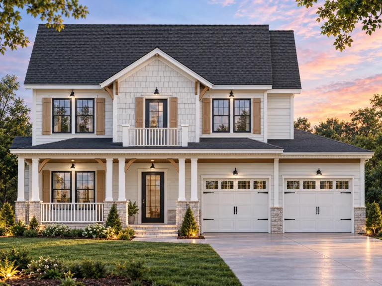 Front elevation of a New American style two-story house with horizontal siding, shingle accents, stone base, covered porch, and attached garage