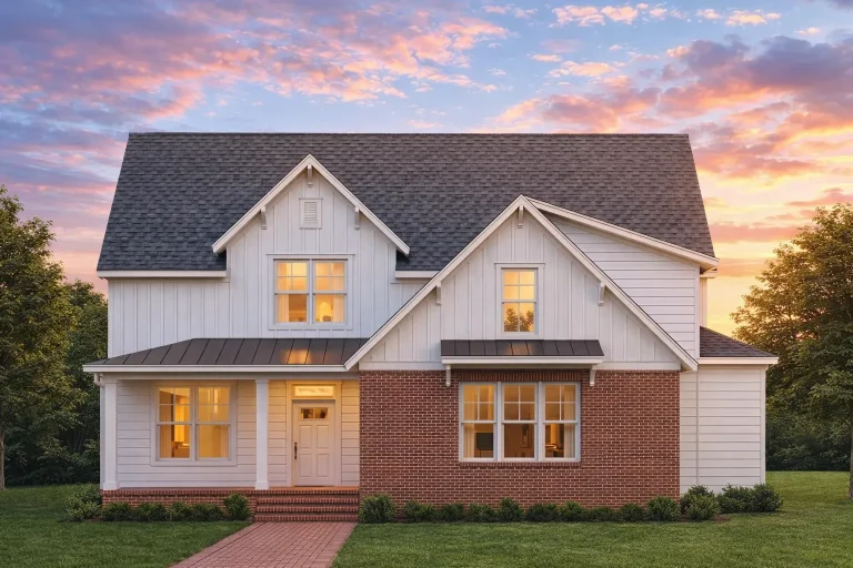 House Plans with Basement Garage 22 Front elevation of a Modern Farmhouse featuring board-and-batten siding, brick accent façade, and black window trim with gabled rooflines