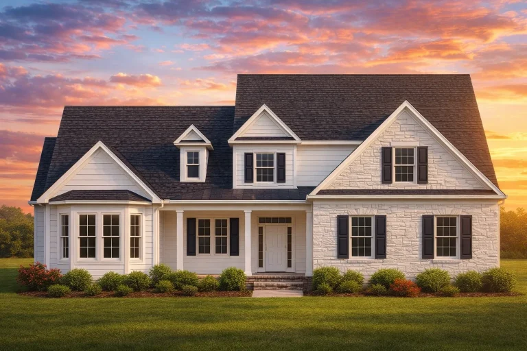 Front elevation of a Traditional Transitional home featuring stone veneer and horizontal siding with dormers and gable rooflines
