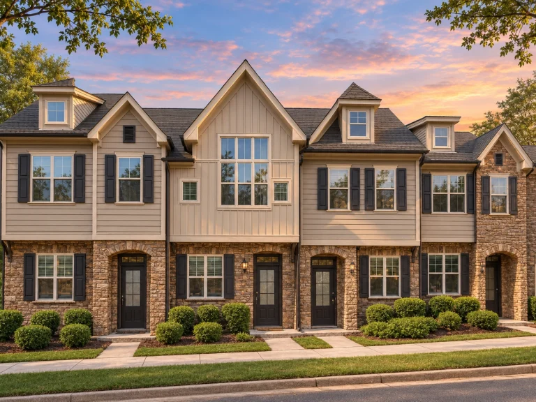 House Plans with Walk-In Pantry 1 Front exterior of New American style townhome with Craftsman influence, featuring board-and-batten siding, horizontal lap siding, stone veneer, and symmetrical gabled rooflines