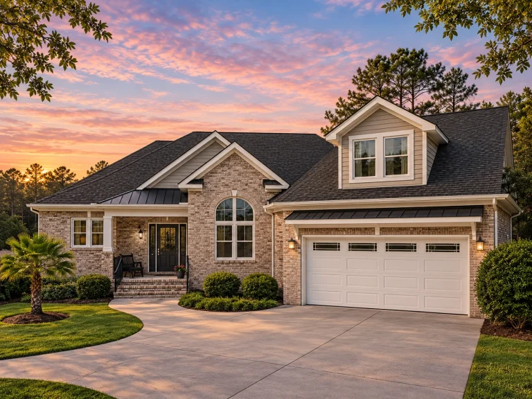 House Plans with Bedrooms on Upper Floor 24 Front view of a Traditional Ranch home featuring brick exterior, gabled rooflines, dormer windows, and an inviting covered entry porch