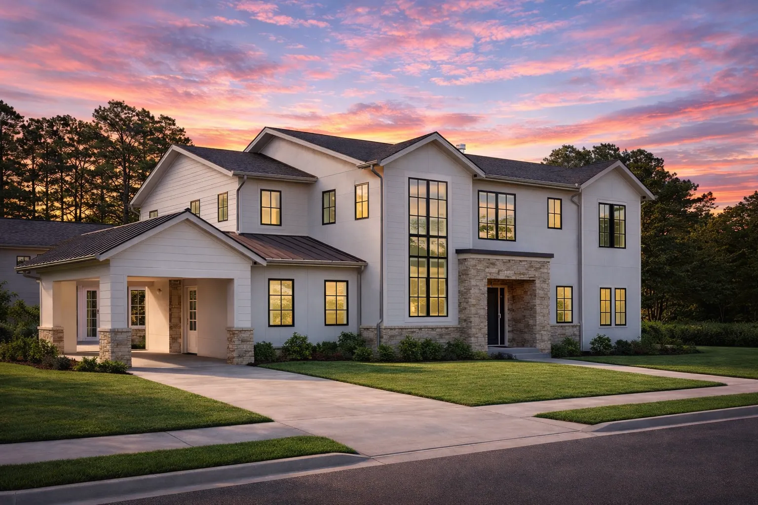 Front elevation of a New American Modern Traditional house featuring board and batten siding, stone accents, tall windows, and a symmetrical luxury façade