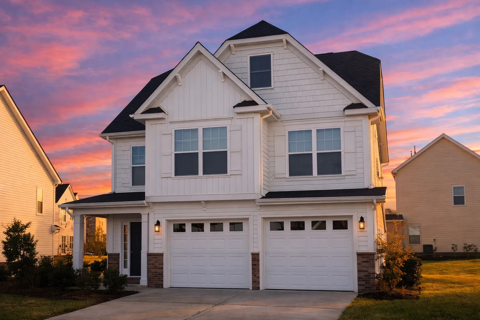 Modern Suburban House Plans 11 Front elevation of a Traditional New American style home featuring stone on the lower facade, board-and-batten siding above, and a two-car garage with black shutters and gable detailing