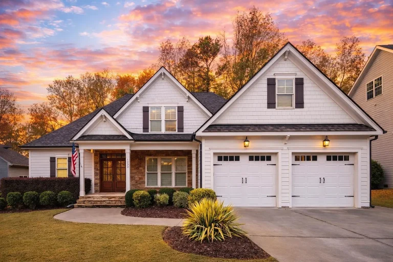 Front exterior view of a New American style suburban house with white siding, stone accents, covered front porch, and attached two-car garage