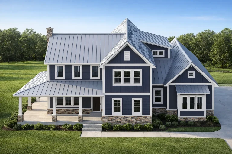 Front elevation of Coastal Farmhouse style home with blue lap siding, board and batten accents, and standing seam metal roof