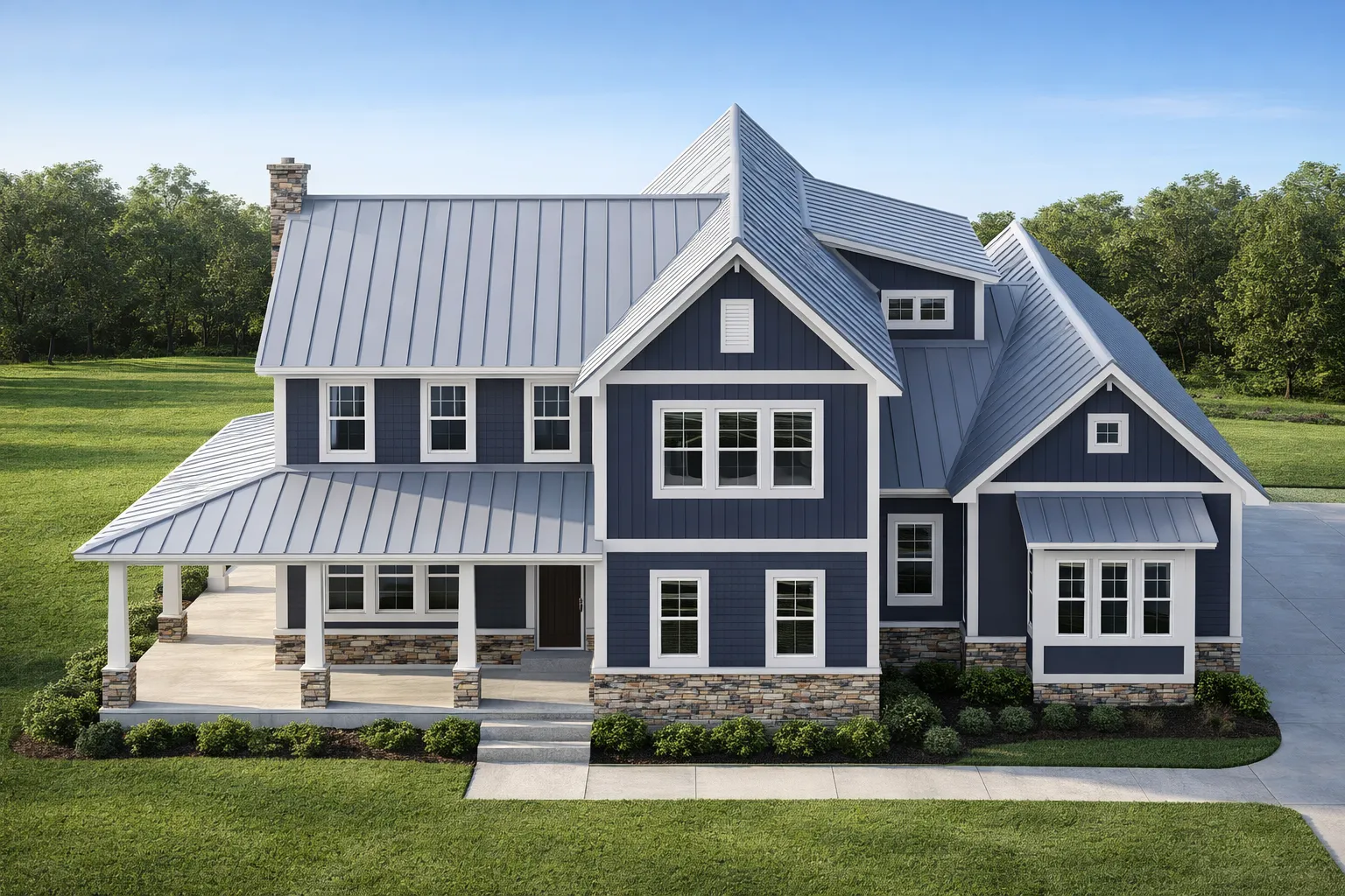 Bungalow House Plans 17 Front elevation of Coastal Farmhouse style home with blue lap siding, board and batten accents, and standing seam metal roof