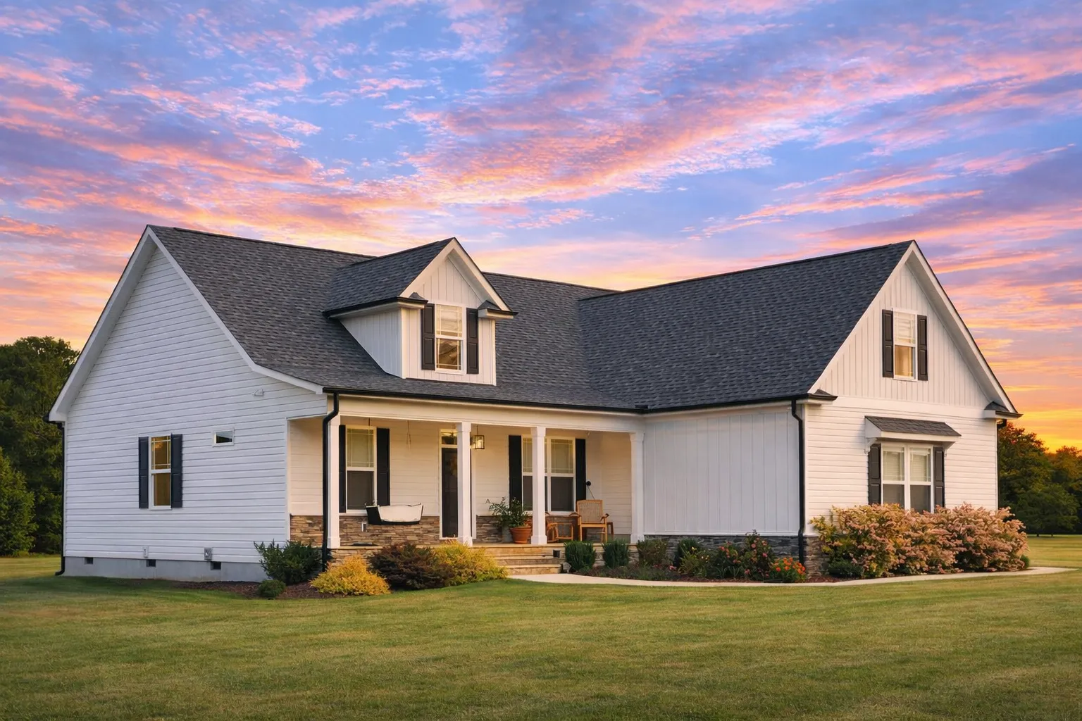 Front view of a Modern Farmhouse style home featuring board and batten siding, stone base accents, and a welcoming covered porch entry.