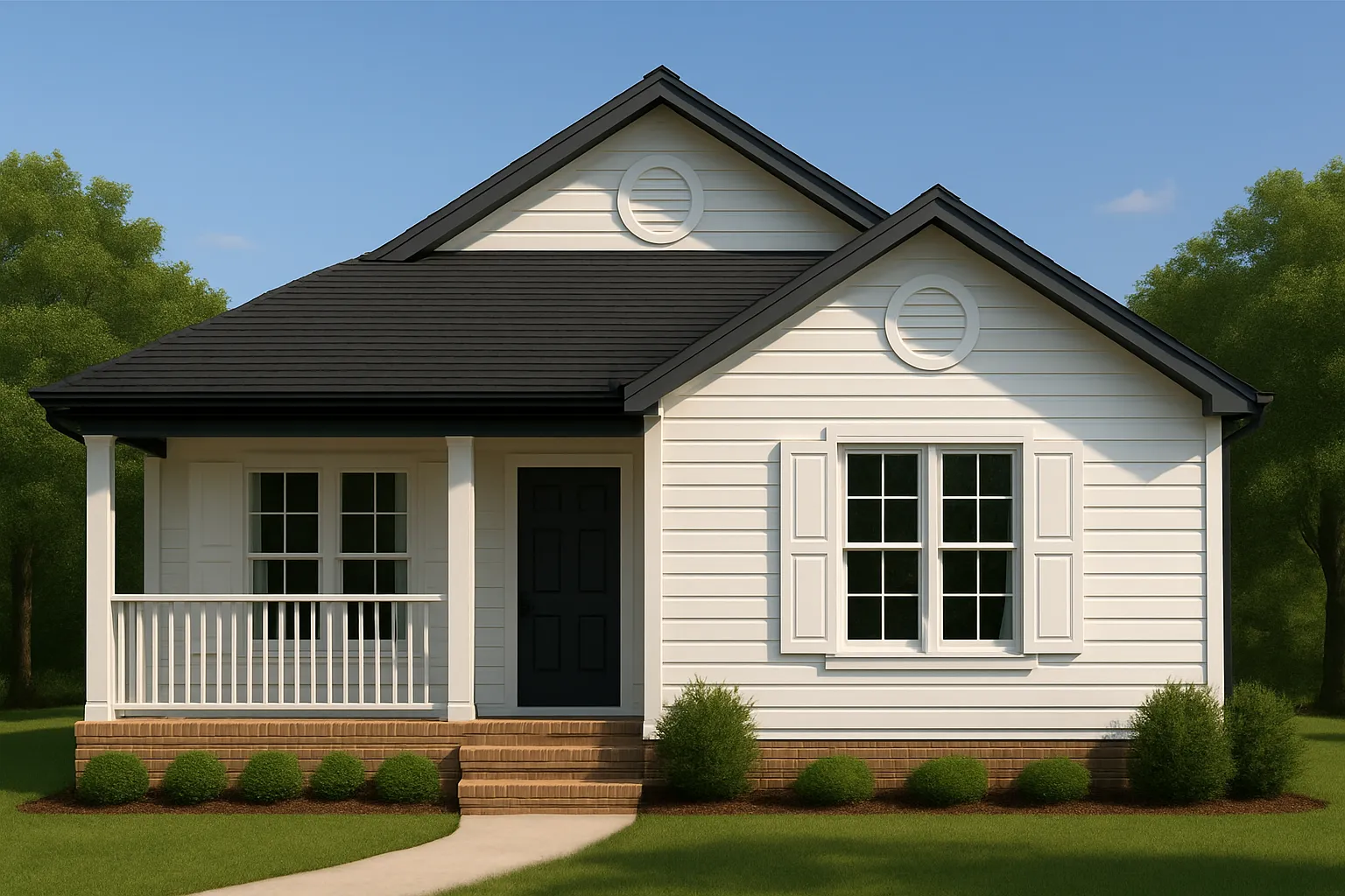 Front view of a Traditional Cottage style home featuring horizontal siding, brick foundation, symmetrical façade, and a welcoming covered porch