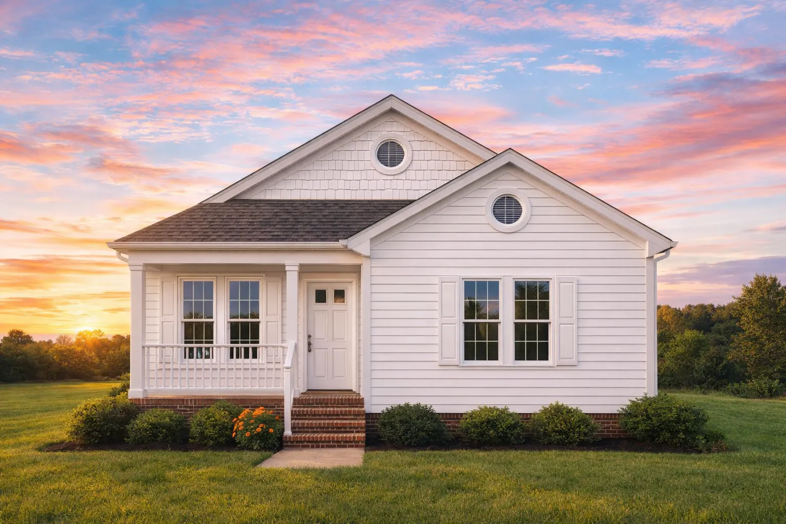 Front view of a Traditional Cottage style home featuring horizontal siding, brick foundation, symmetrical façade, and a welcoming covered porch