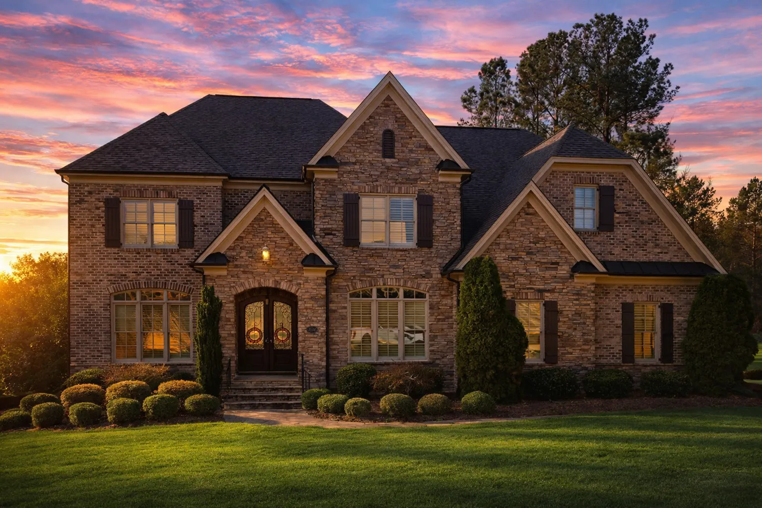 Front elevation of a New American style home featuring stone accents, board-and-batten siding, symmetrical windows, and a welcoming covered entry