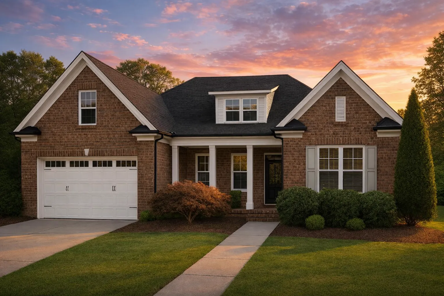 Front elevation of a Traditional Craftsman Ranch style home with brick exterior, white trim, dormer windows, and covered front porch entry