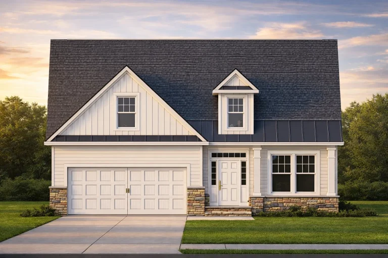 Front elevation of a modern farmhouse style home with board and batten siding, stone wainscot, steep gable roof, and attached two-car garage