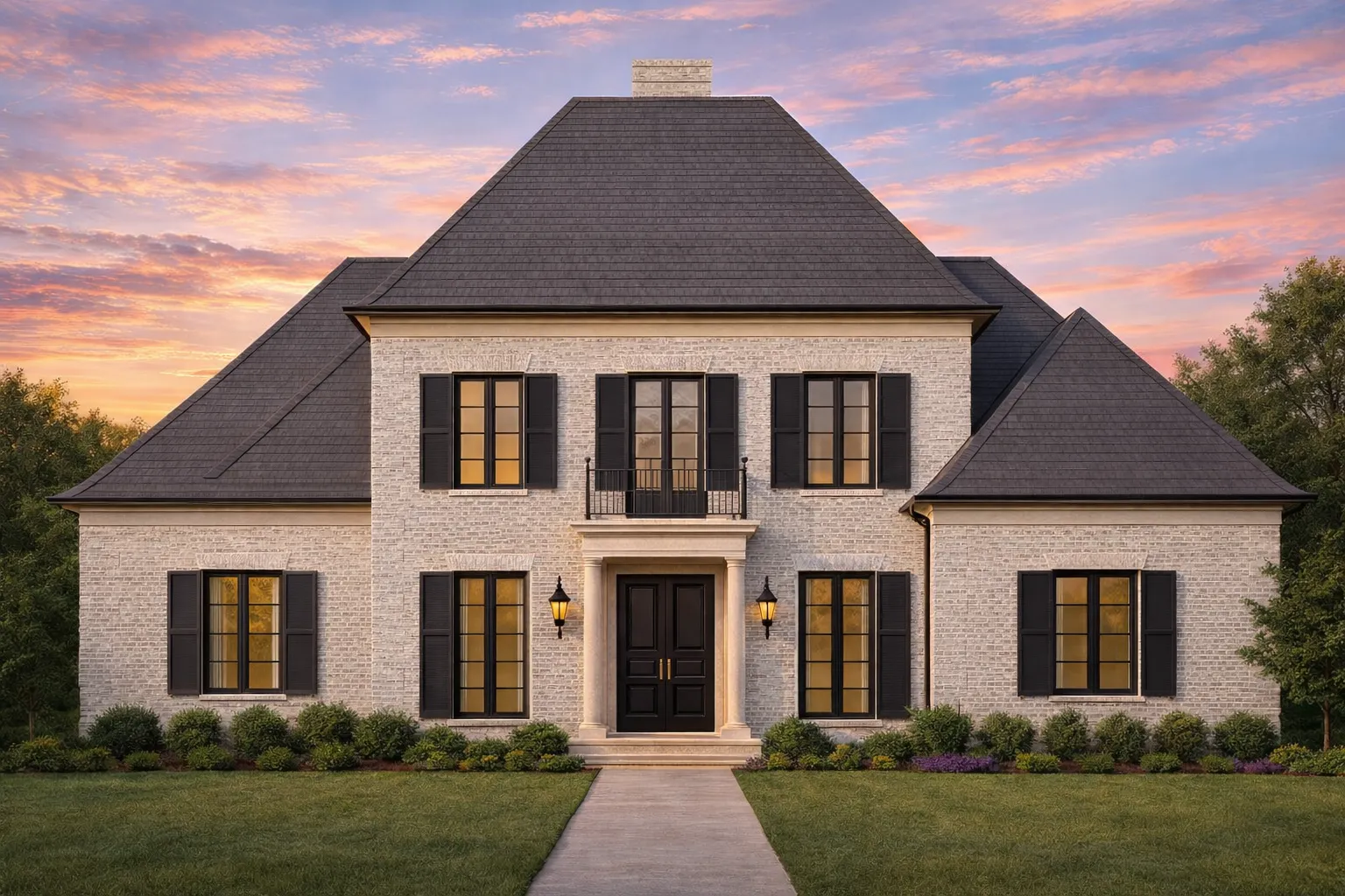 Front elevation of a French Provincial style home featuring stone and stucco exterior, steep hipped roof, symmetrical windows, and classic European detailing