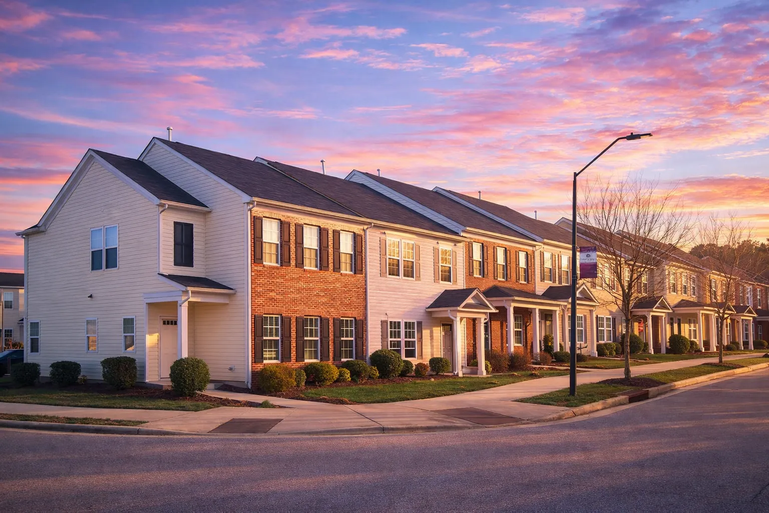 Front elevation of a traditional three-unit townhome with lap siding, stone accents, gabled roofs, and private garage entries