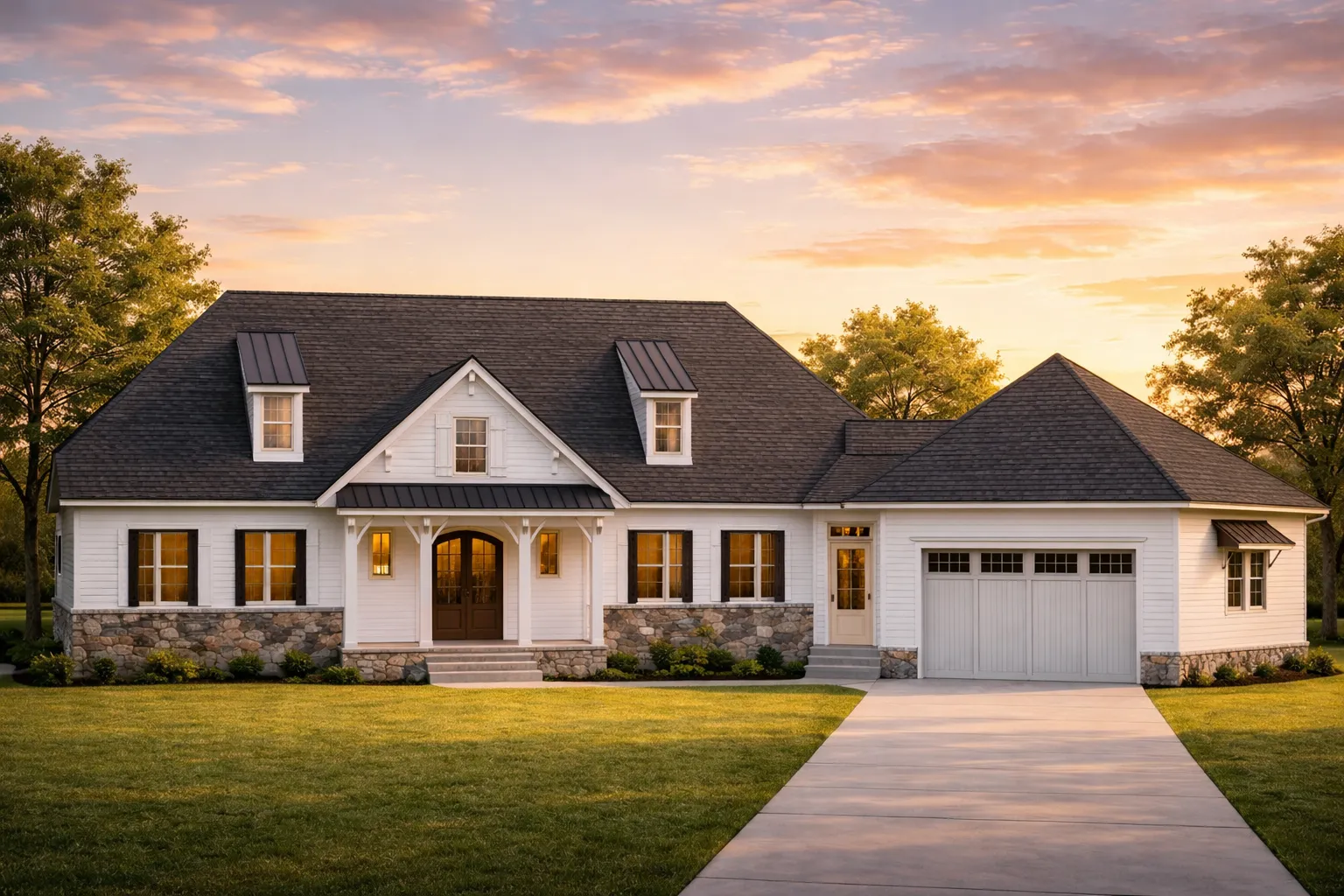 Front exterior of a Cape Cod style home with painted siding, stone wainscot, dormer windows, and side-entry garage