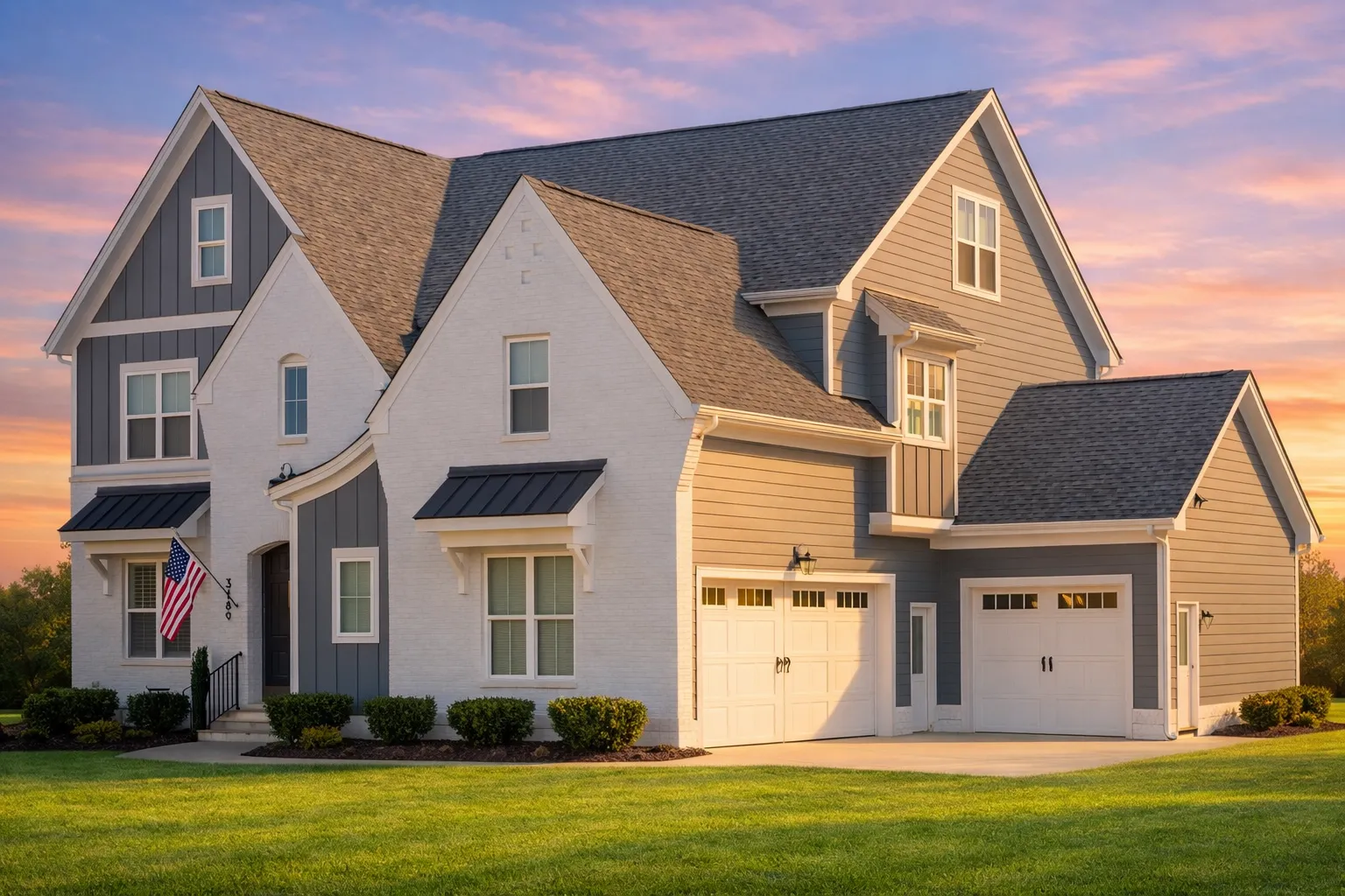Front exterior of a Modern Farmhouse New American style home featuring painted brick, board and batten siding, steep gables, and symmetrical entry