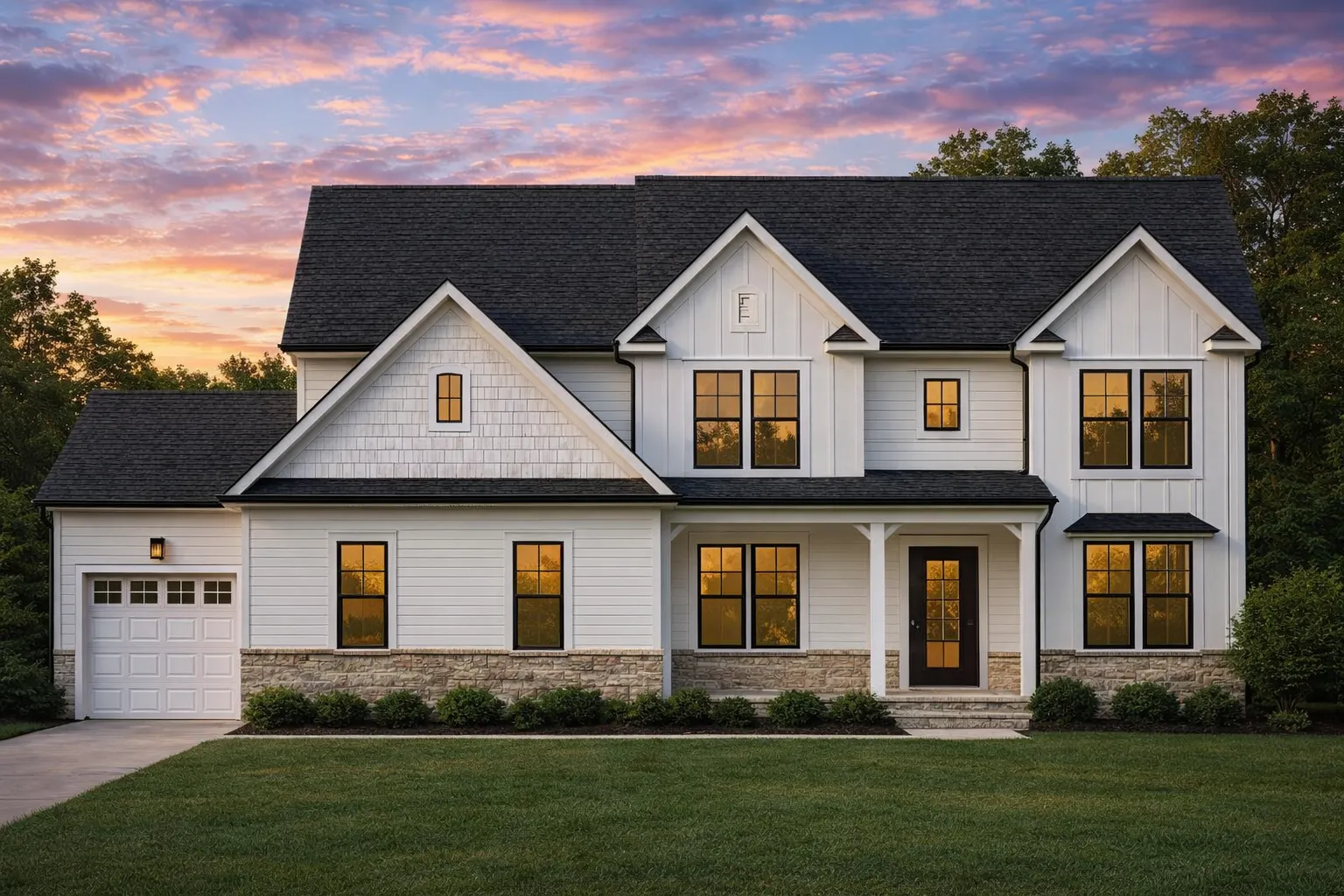 Front elevation of a modern farmhouse style home featuring board and batten siding, horizontal lap siding, stone foundation accents, and a covered front porch