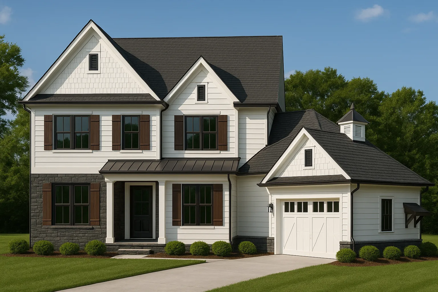 Front elevation of a Modern Farmhouse with board-and-batten siding, lap siding, stone accents, and symmetrical traditional detailing