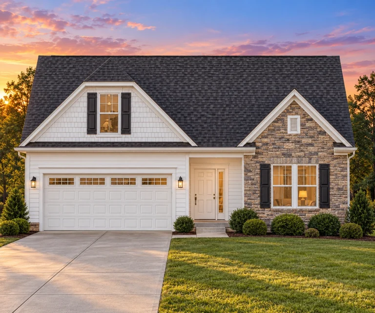 Front view of a Modern Farmhouse style home featuring brick, horizontal siding, board and batten, and a welcoming covered porch