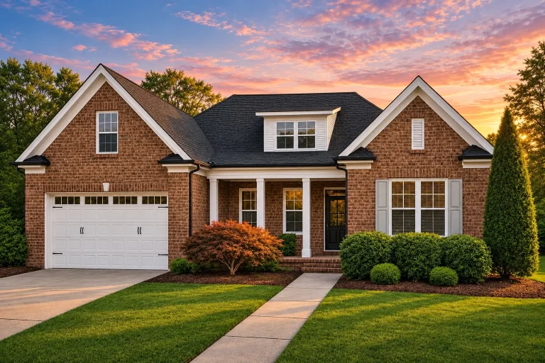 Front elevation of a Traditional Craftsman Ranch style home with brick exterior, white trim, dormer windows, and covered front porch entry