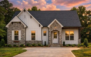 Front elevation of a Traditional Cottage style house featuring a balanced stone and horizontal siding exterior with symmetrical windows and arched entry door
