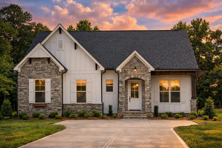 Front elevation of a Traditional Cottage style house featuring a balanced stone and horizontal siding exterior with symmetrical windows and arched entry door