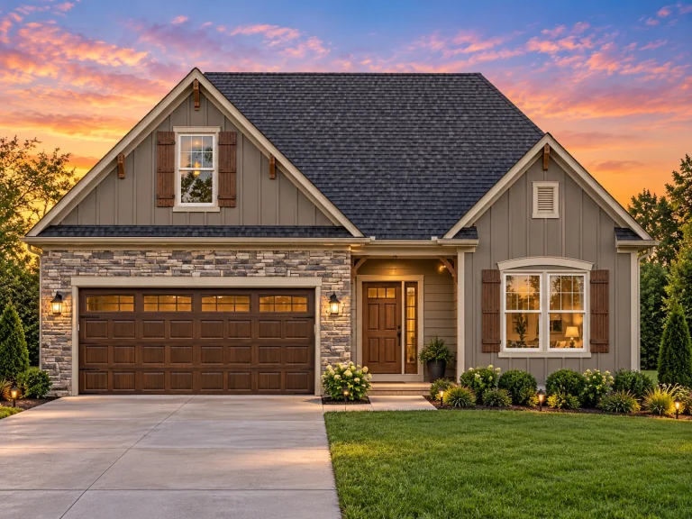Open Floor Plan House Designs 1 Front view of a Modern Farmhouse style home featuring brick, horizontal siding, board and batten, and a welcoming covered porch