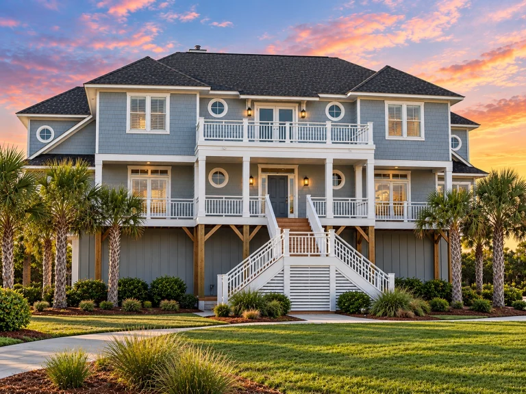 Cottage House Plans 2 Front exterior of an elevated Coastal Low Country style home featuring horizontal siding, wide wraparound porches, symmetrical facade, and raised pier foundation