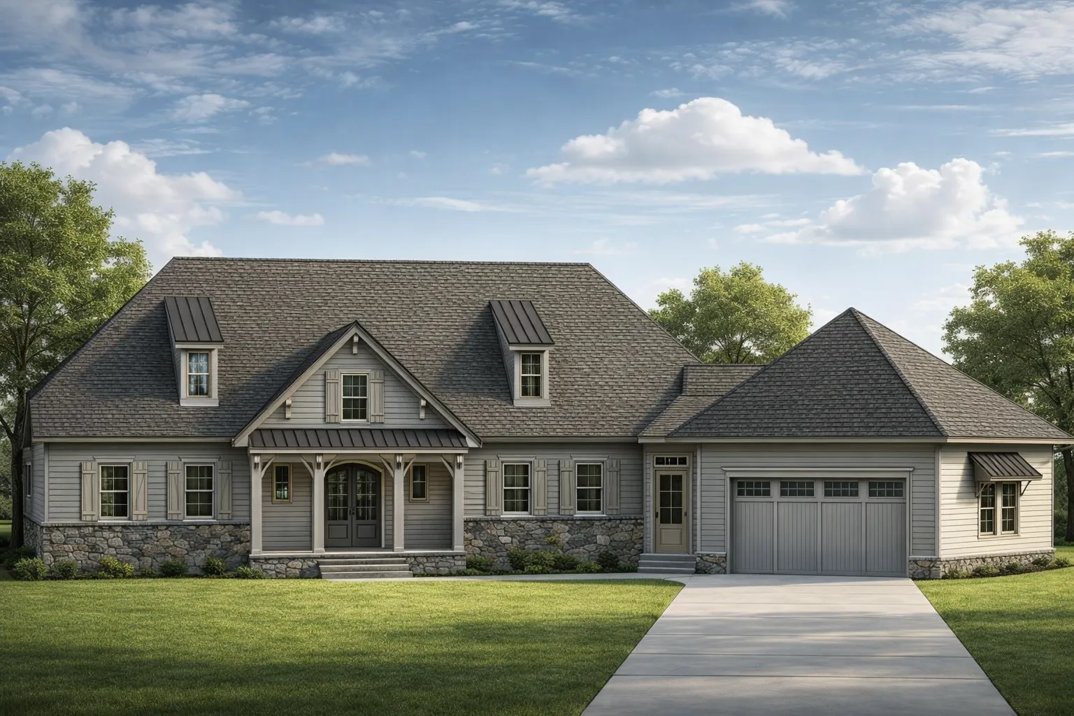 Front exterior of a Cape Cod style home with painted siding, stone wainscot, dormer windows, and side-entry garage