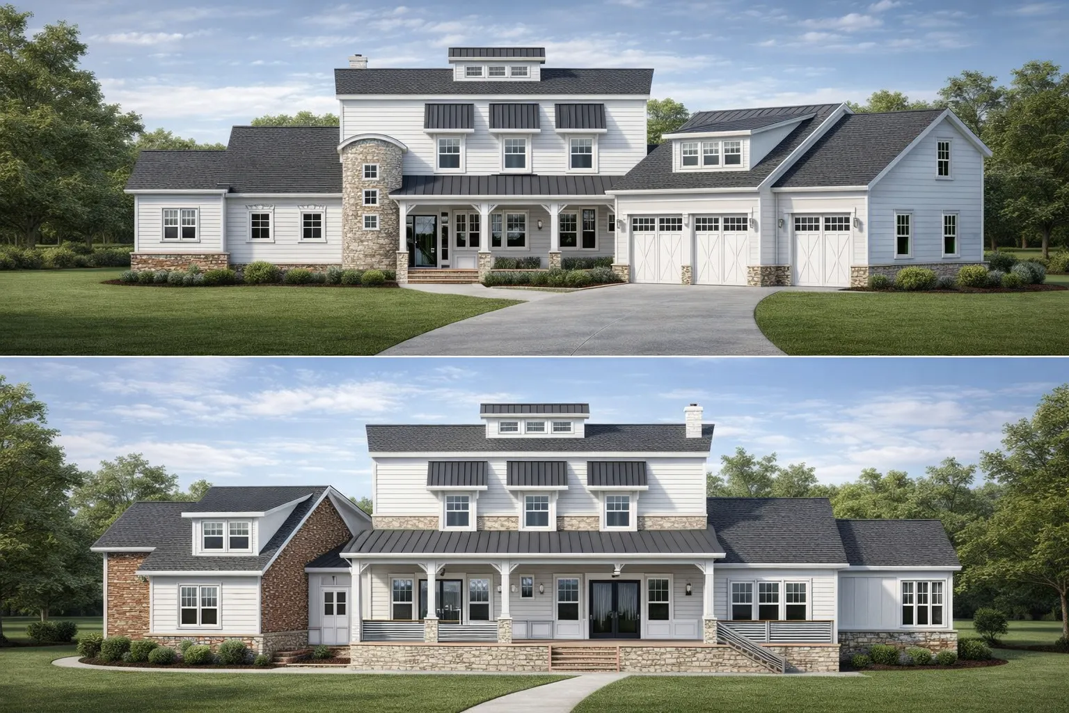 Front and rear exterior views of a Coastal Farmhouse style home featuring horizontal siding, stone detailing, metal porch roofs, and expansive covered porches