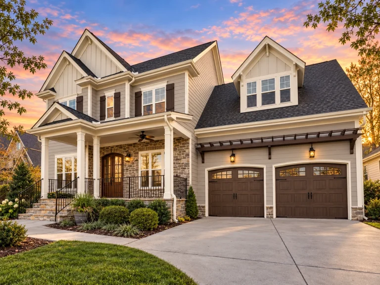 Mid-Size House Plans 7 Front elevation of Traditional Colonial style home with horizontal lap siding, brick water table accent, gabled rooflines, and attached two-car garage