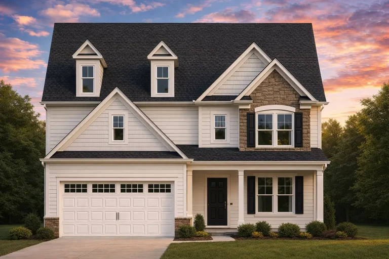 Front elevation of a New American style house featuring horizontal siding, stone accents, dormer windows, and a welcoming covered front porch