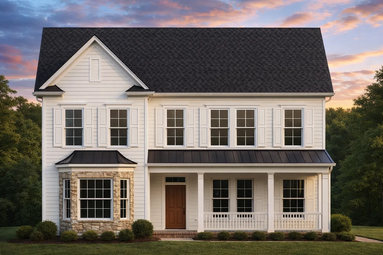 House Plans with Spacious Laundry Room 3 Front view of a Traditional Colonial style home featuring horizontal siding, stone base, symmetrical windows, and a covered front porch with white columns