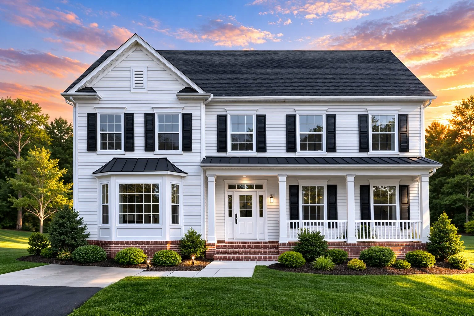 Front view of a Traditional Colonial style home featuring horizontal siding, stone base, symmetrical windows, and a covered front porch with white columns