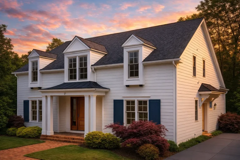 Front exterior view of a Traditional Colonial style home with horizontal siding, symmetrical windows, and classic entry porch