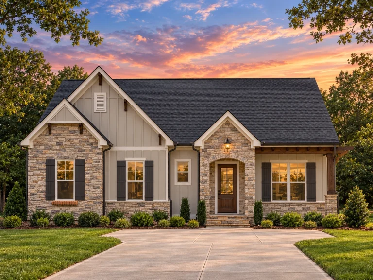 Split Garage House Plans 3 Front elevation of a Traditional Cottage style house featuring a balanced stone and horizontal siding exterior with symmetrical windows and arched entry door