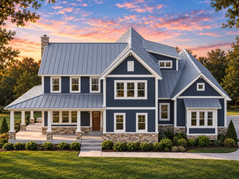Front elevation of Coastal Farmhouse style home with blue lap siding, board and batten accents, and standing seam metal roof