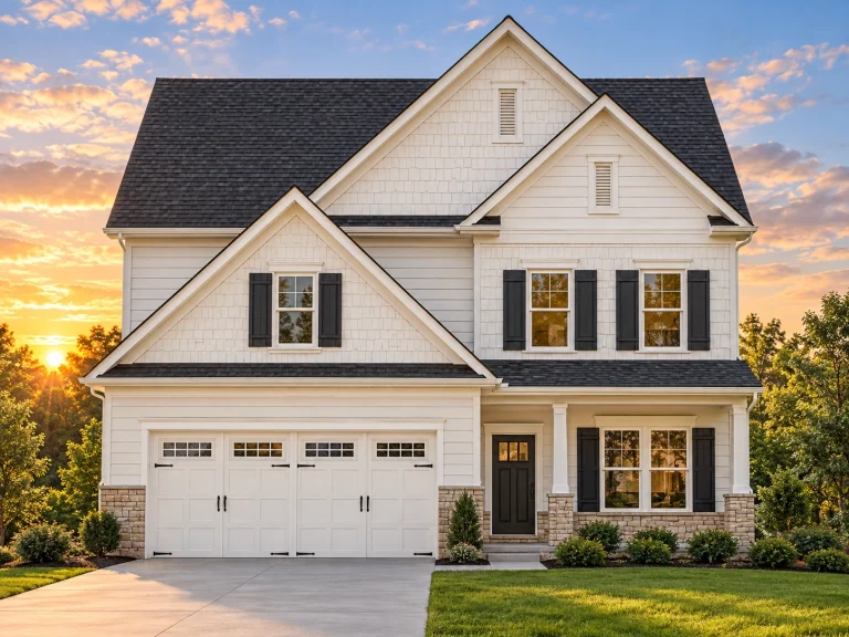 Front elevation of a New American style house featuring horizontal siding, stone accents, dormer windows, and a welcoming covered front porch