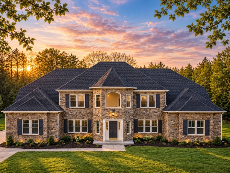 Front elevation of a Neo-Colonial luxury home featuring symmetrical design, brick exterior, stone entry surround, and classic shutters