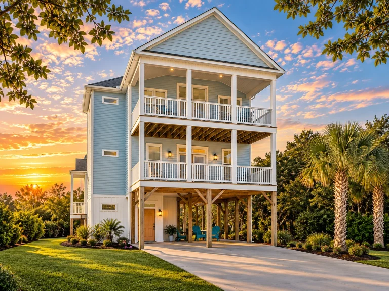Top Designer-Approved House Plans 17 Front view of elevated three-story beach house with coastal siding, stacked covered porches, balcony railings, and ground-level parking
