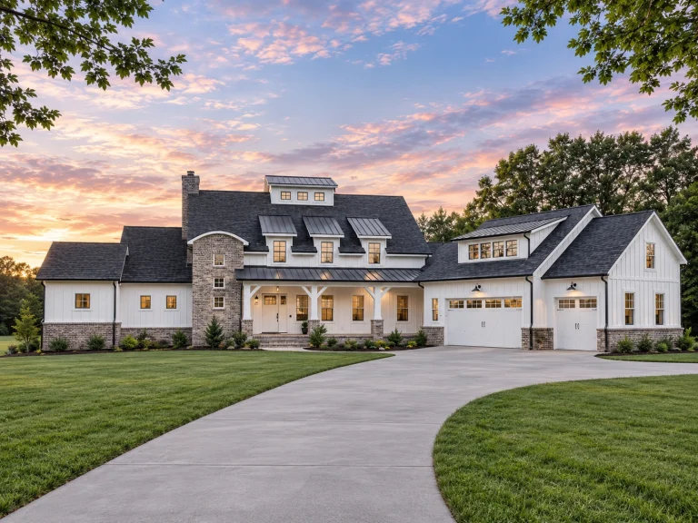 Front view of Modern Farmhouse with board and batten siding, stone accents, and three-car garage featuring rustic wood doors