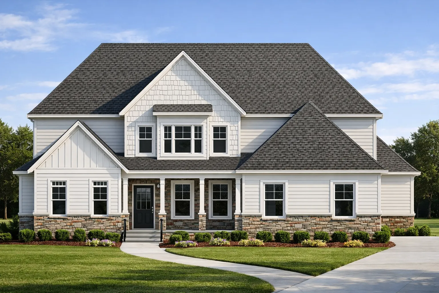 Victorian House Plans 3 Front elevation of a New American Coastal Traditional house with horizontal siding, shingle gables, stone base, and covered front porch