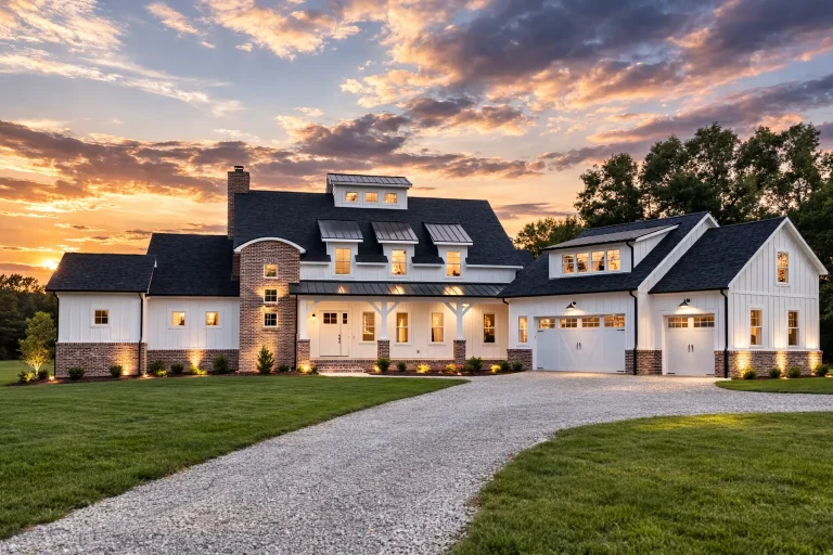 Front view of Modern Farmhouse with board and batten siding, stone accents, and three-car garage featuring rustic wood doors