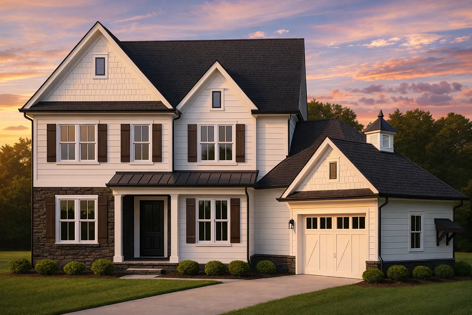 Front elevation of a Modern Farmhouse with board-and-batten siding, lap siding, stone accents, and symmetrical traditional detailing