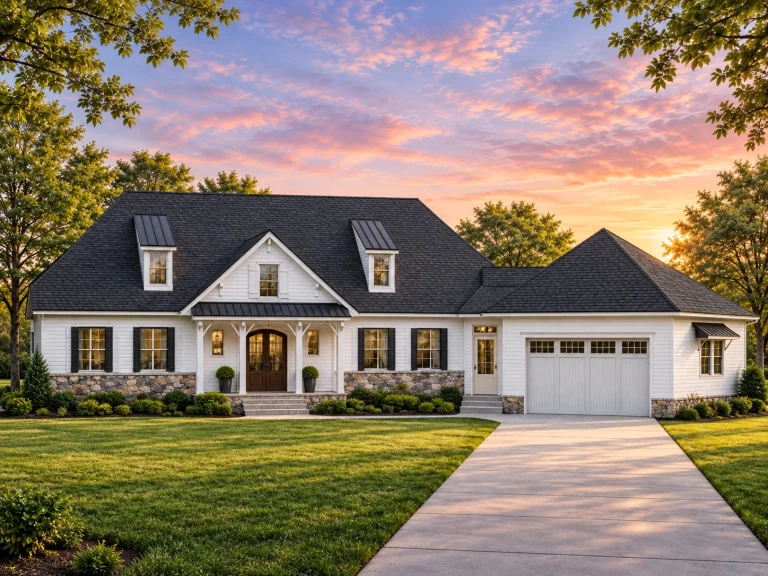 Front exterior of a Cape Cod style home with painted siding, stone wainscot, dormer windows, and side-entry garage