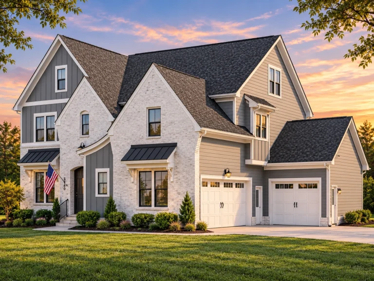 Front exterior of a Modern Farmhouse New American style home featuring painted brick, board and batten siding, steep gables, and symmetrical entry