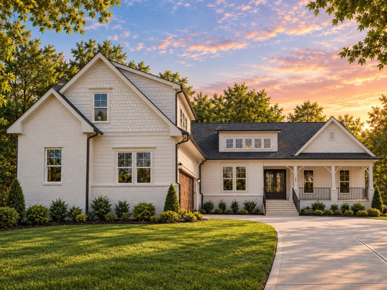 Front exterior view of a New American Modern Traditional house with horizontal siding, board and batten accents, gabled rooflines, and a welcoming covered porch